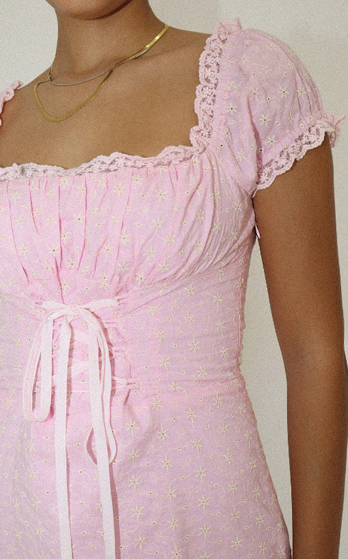 PINK COTTON EYELET LACE UP DRESS